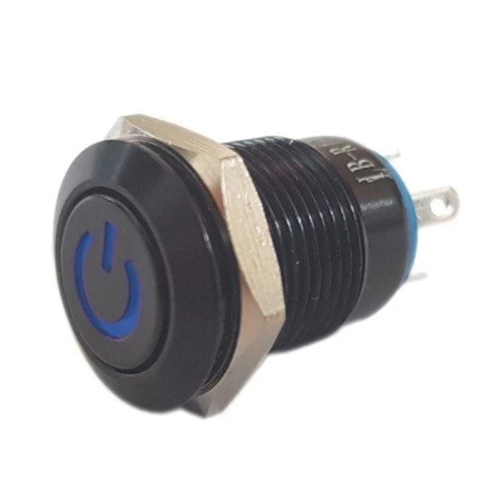 Przycisk wandaloodporny czarny "POWER" chwilowy 2A 250V klawisz płaski, podśw niebieskie 12V
