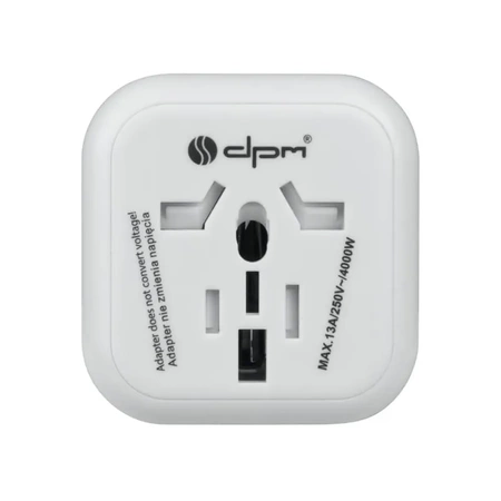 Adapter podrozny na wtyk europejski, gniazdo uniwersalne, 250 V 10 A, bialy, DPM PF01EU-W