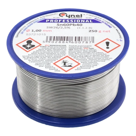 Cyna lutownicza z topnikiem SW26 - 1mm - spoiwo Sn60Pb40 Cynel 250g