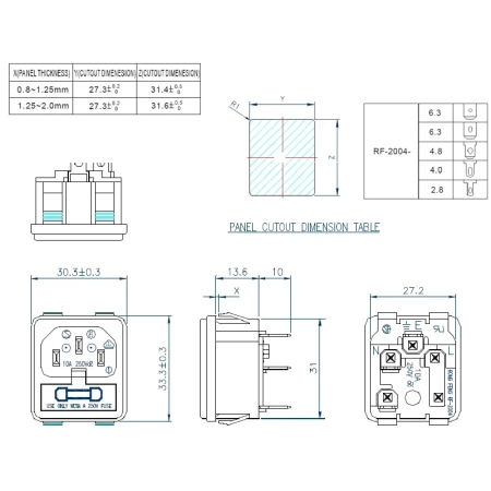 Gniazdo zasilania 230V IEC 10A, męskie z miejscem na bezpiecznik, RF-2004