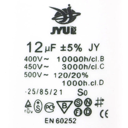 Kondensator rozruchowy do silnika, CBB60 12uF 450Vac 35x70mm konektor