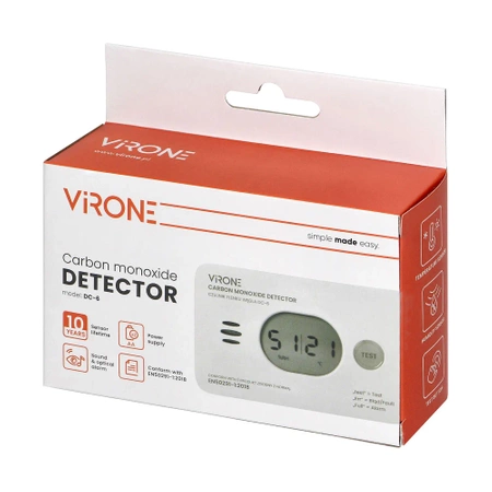 Czujnik tlenku węgla (czadu) na baterie 2xAA, żywotność 10lat, Virone DC-6