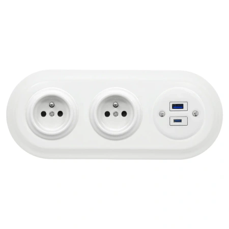 2x Gniazdko elektryczne okrągłe + Gniazdko USB A+C 4A z ramką potrójną, białe, montaż podtynkowy, Ceramic Loft