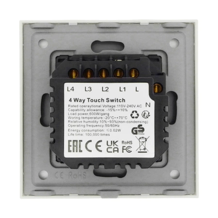 Włącznik dotykowy szklany poczwórny 600W - biały - Tawoia Glass