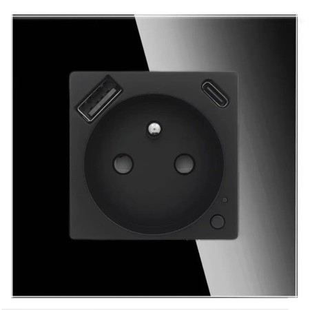 Gniazdko pojedyncze z bolcem, 2x USB A+C 20W - watomierz - ZigBee - szklana ramka - czarny - Tawoia Glass