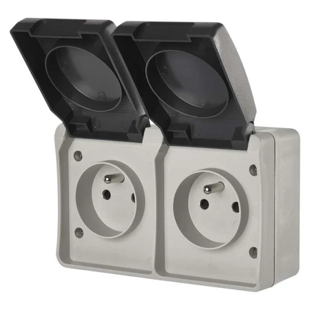 Gniazdo elektryczne podwójne bryzgoszczelne IP54 z klapką, montaż natynkowy, EMOS A1397.1