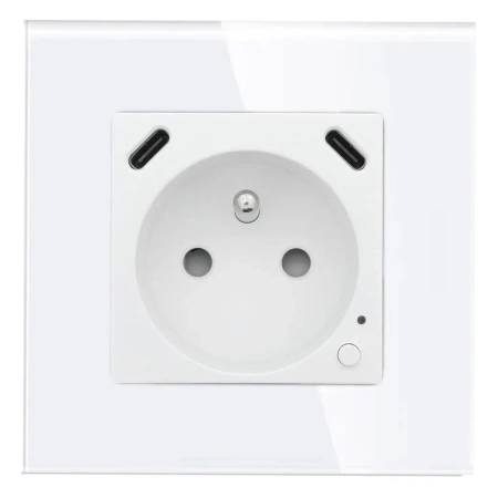 Gniazdko pojedyncze z bolcem, 2x USB-C 20W - watomierz - ZigBee - szklana ramka - biały - Tawoia Glass