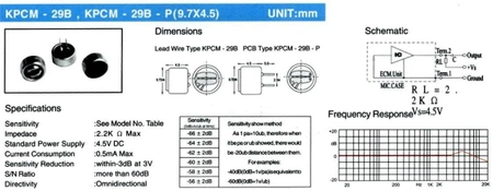 Mikrofon pojemnościowy elektretowy 9,7 × 4,5 mm, 4,5 V, z wyprowadzeniami pinowymi, KPCM29B-P
