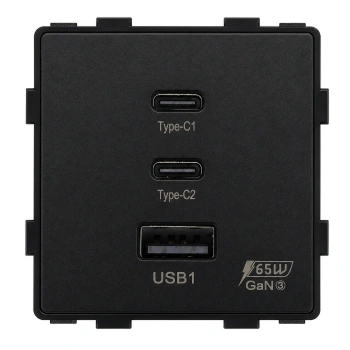 Ładowarka USB A + 2xC 65W GaN czarna podtynkowa (moduł bez ramki) - TAWOIA Glass