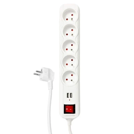 Listwa zasilająca 5 gniazd + 2x USB, włącznik, 3m, 10A, 2300W, 3G1, filtr przeciwprzepięciowy, biała