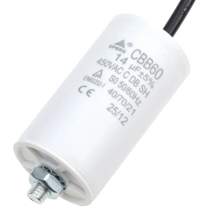Kondensator rozruchowy do silnika 14µF 450VAC, CBB60, przewody 15 cm, Ø40 × 72 mm, EPERS