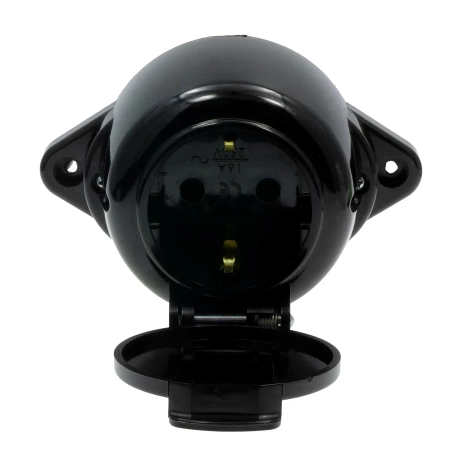 Gniazdo elektryczne bryzgoszczelne IP44 z klapką, montaż natynkowy, kolor czarny, seria Retro PRL