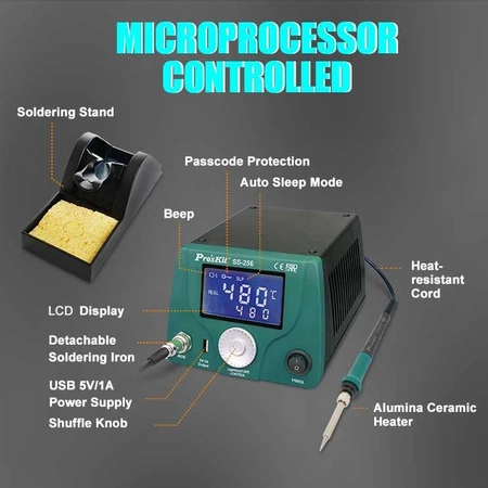 Stacja lutownicza 60W, precyzyjna, ESD, port USB, kompaktowe wymiary 18x15x11cm, Proskit SS-256B
