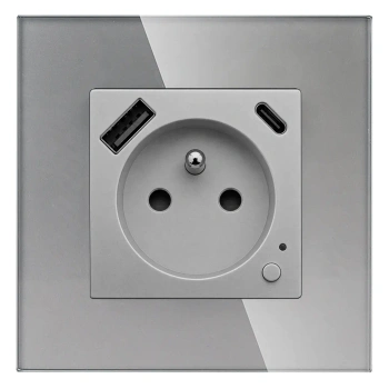 Gniazdko elektryczne z uziemieniem z USB A+C 20W z pomiarem energii (watomierz) ZigBee grafitowe podtynkowe z ramką szklaną - TAWOIA Smart Home
