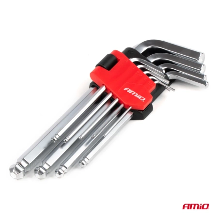 Zestaw kluczy imbusowych HEX z kulką - długie, CRV, 9 szt. AMIO-04302