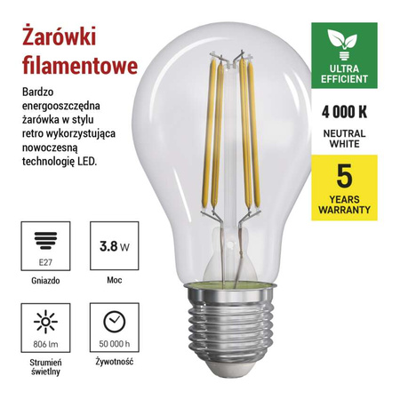 Żarówka LED E27 bańka A60, 3,8 W, odpowiednik 60 W, neutralna biel, 806 lm, filament, EMOS ZAR-E-ZF5148