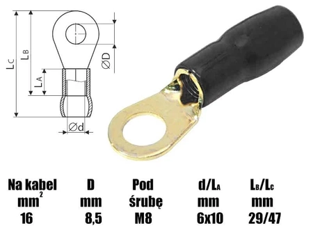 Końcówka oczkowa M8 izolowana, 8.4mm, złocona, na przewód 16mm, SGE czarny