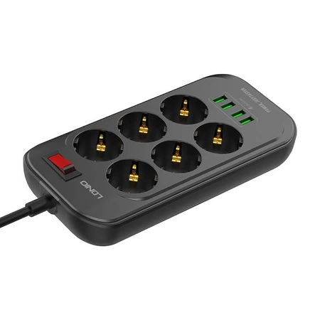 Listwa zasilająca 6 gniazd + 4× USB, przewód 2 m, 10 A, z włącznikiem, czarna, LDNIO