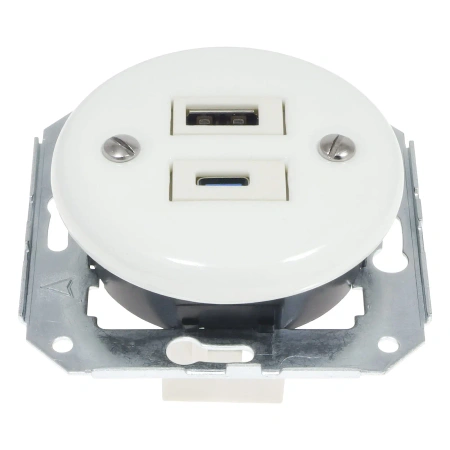 2x Gniazdko Schuko okrągłe + Gniazdko USB A+C 4A białe z ramką potrójną jasne drewno, montaż podtynkowy, Ceramic Loft