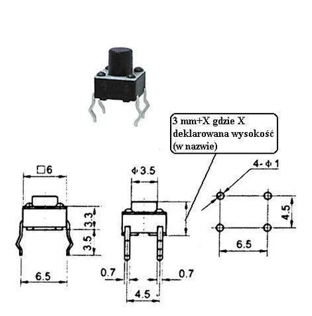 Mikroprzełącznik tact switch 13,5 mm THT 6 × 6 mm, wysokość 17 mm