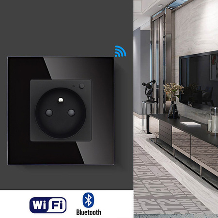 Gniazdko elektryczne z watomierzem - sterowanie WiFi + Bluetooth - szklana ramka - czarne - Tawoia Smart Home