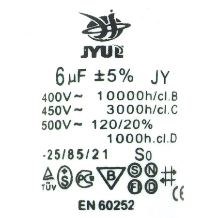 Kondensator rozruchowy do silnika, CBB60 6uF 450Vac 30x56mm konektor