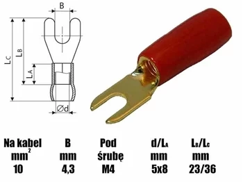 Końcówka widełkowa M4 izolowana, 4.3mm, złocona, na przewód 10mm, SGE