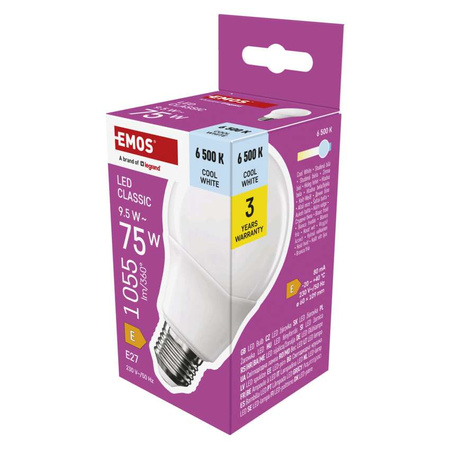 Żarówka LED E27 bańka A60, 9,5 W, odpowiednik 75 W, zimna biel, 1055 lm, EMOS ZAR-E-ZQ5E54