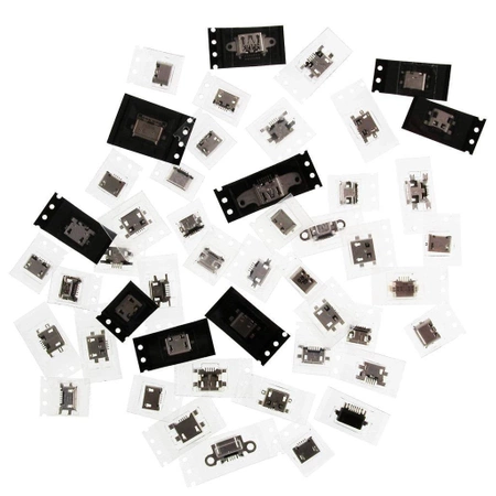 Zestaw 48 gniazd micro USB B do napraw, rozne sposoby mocowania do PCB