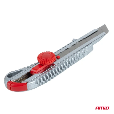Nożyk uniwersalny aluminiowy z pokrętłem z ostrzem łamanym 18mm, AMIO 04815