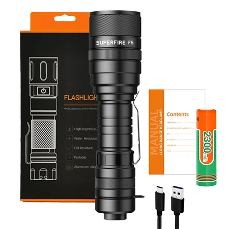 Latarka ręczna Superfire F5, 1100 lm, zasięg 236 m, 5 tryby, zoom, masa 100 g