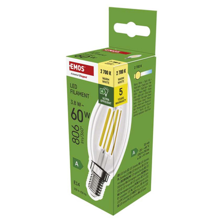 Żarówka LED E14 świeczka, 3,8 W, odpowiednik 60 W, ciepła biel, 806 lm, filament, EMOS ZAR-E-ZF3A42