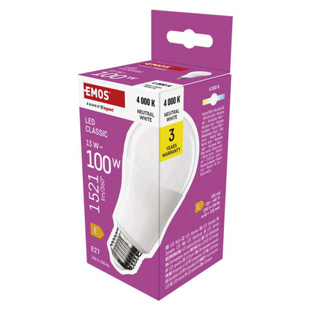 Żarówka LED E27 bańka A60, 13 W, odpowiednik 100 W, neutralna biel, 1521 lm, EMOS ZAR-E-ZQ5E63
