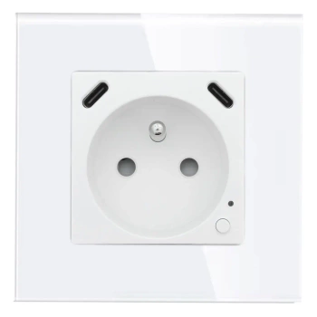 Gniazdko pojedyncze z bolcem, 2x USB-C 20W - watomierz - WiFi / BT - szklana ramka - biały - Tawoia Glass