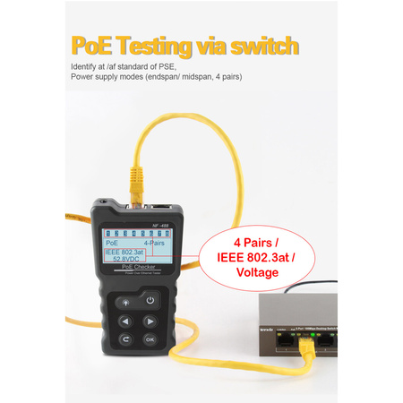 Tester LAN PoE 802.3af, 802.3at, test mapy połączeń, LCD, Noyafa NF-488