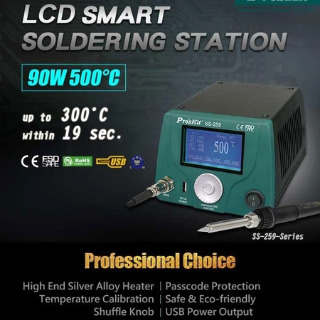 Stacja lutownicza 90W, grzałka ceramiczna, ESD, port USB, kompaktowe wymiary 18x15x11cm, Proskit SS-259B