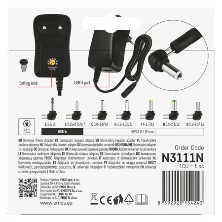 Zasilacz impulsowy uniwersalny 3-12 V, 1000 mA, z gniazdem USB 5 V / 2 A, wymienne wtyki, EMOS N3111N