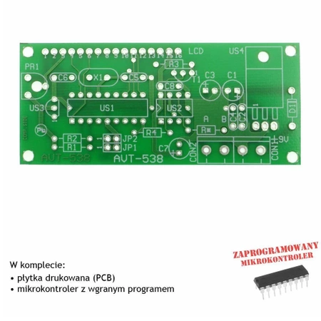 Alfanumeryczny wyświetlacz LCD, PCB i mikroprocesor do projektu AVT538