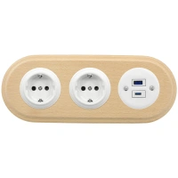 2x Gniazdo Schuko okrągłe + Gniazdo USB A+C 4A białe z ramką potrójną jasne drewno, montaż podtynkowy, Ceramic Loft