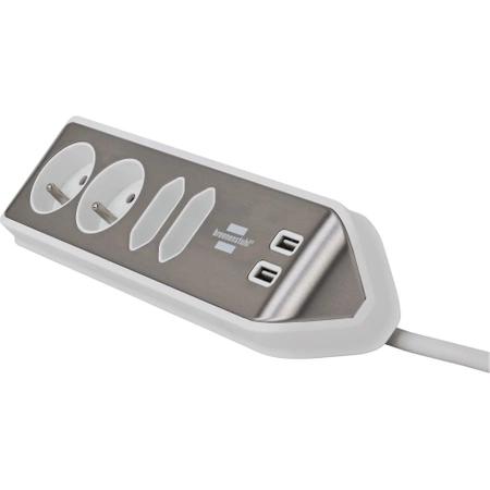 Listwa zasilająca 4 gniazda + 2× USB, 16 A, 3G1,5, narożna, z uziemieniem, srebrno-biała, Brennenstuhl Estilo