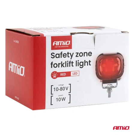 Lampa bezpieczeństwa LED do wózka widłowego – czerwona strefa bezpieczeństwa 10W, 10–80V, IP6K9K, AMIO 04868