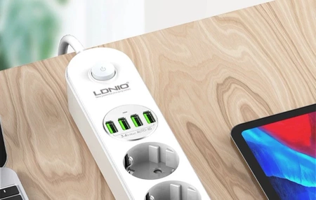Listwa zasilająca 4 gniazda + 4× USB, przewód 2 m, 10 A, z włącznikiem, biała, LDNIO