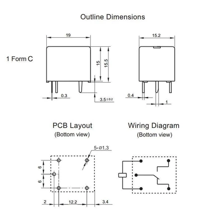 Przekaźnik subminiaturowy JQC3FF (HF3FF) SPDT, 12V, 10A