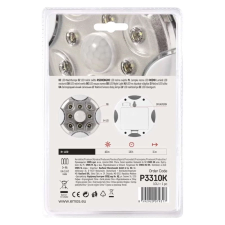 Lampka nocna 8× LED 3× AA, 90lm, czujnik PIR, biała