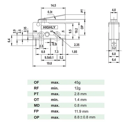 Przełącznik krańcowy ON-(ON) dźwignia 16mm, SS0501A