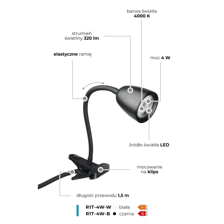 Lampka LED z klipsem czarna, 4 W, 320 lm, 4000 K, zasilanie 230V