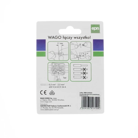 Szybkozłącze instalacyjne przelotowe WAGO x1 221-242 0.5-2.5mm2, blister 6szt.