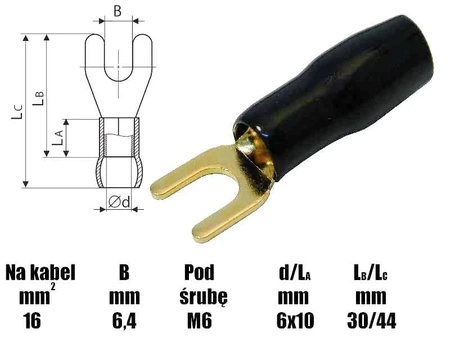 Końcówka widełkowa M6 izolowana, 6.4mm, złocona, na przewód 16mm, SGE czarny