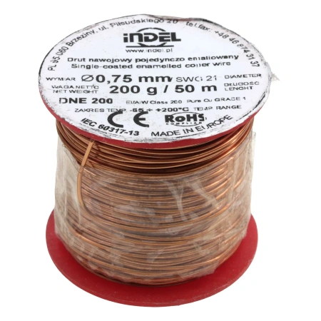 Drut nawojowy emaliowany 0,75 mm, DNE 200, miedź, szpulka 200 g, ok. 50 m