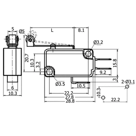 Przełącznik krańcowy ON-(ON) dźwignia 25mm z rolką, 10A